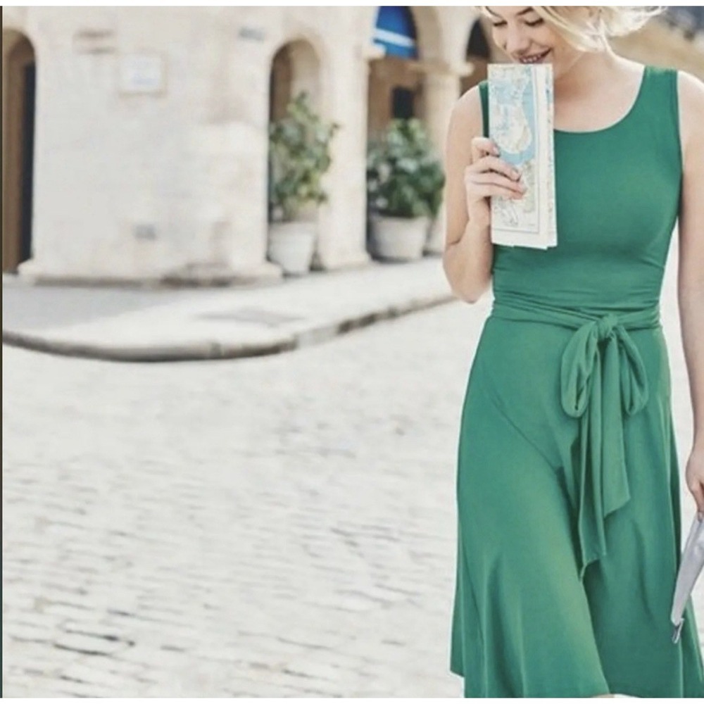 BODEN Ballet Tie Dress 10R Green Sleeveless Midi Jersey Stretch Sundress Summer